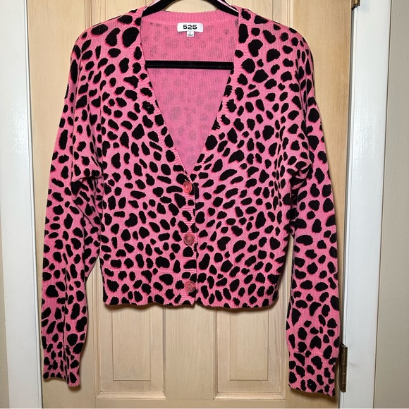 525 America Hot Pink Polka Dot Leopard Cardigan Size L NWOT - Picture 1 of 4